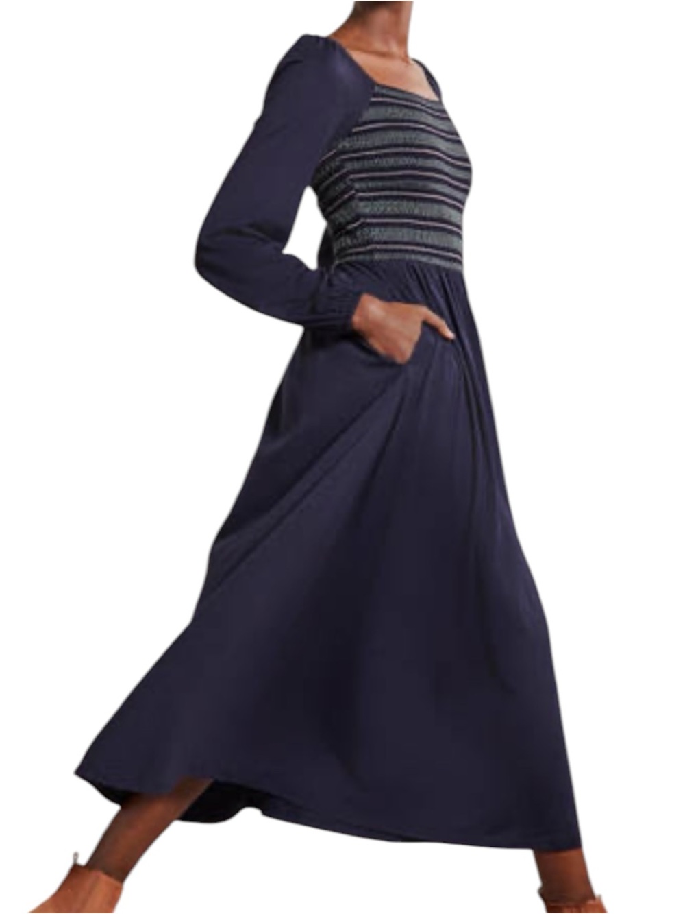 Boden Smocked Long-Sleeve Midi Dress Peasant Cotton Blend Navy Blue Romantic